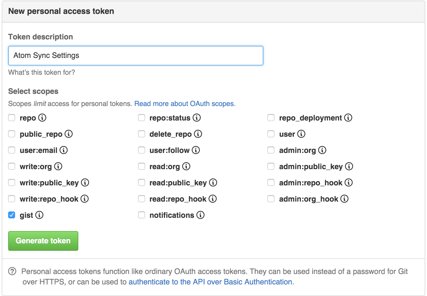 Sync Settings Access Token Settings